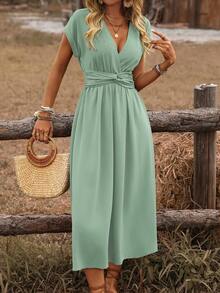EMERY ROSE Women's Casual Shirred Waist Tie Knot Back Drop Shoulder A-Line Midi Dress, Bohemian Style For Spring/Summer Vacation - Green - View 3