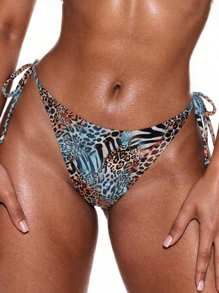 Oceva Women's Summer Beach Vacation Random Leopard Print Tie-Front Sexy Bikini Bottom - Multicolor - View 1