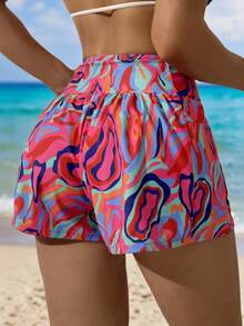 Swim SPRTY Women's Green And Pink Allover Print Loose Casual Beach Shorts, Summer Holiday Vacation Swim Trunks, Cruise Travel Board Shorts, Colorful Summer - Multicolor - View 2