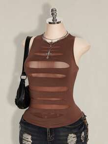 SHEIN ICON 大码女式Y2K透视做旧性感吊带背心 - 棕色 - 查看 5