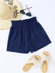 SHEIN Pantalones cortos casuales y sueltos de vacaciones con cintura alta, cordón y textura de jacquard a cuadros para adolescentes - Azul Marino - Ver 3