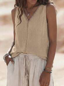 V-Neck Casual Comfortable Vacation Countryside Relaxed Texture Women Vest Top - Apricot - View 4