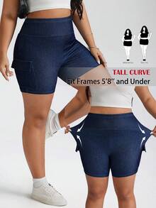SHEIN Tall CURVE Plus Size Women's High Waist High Stretch Cargo Denim Shorts Casual Summer Streetwear Plus Size High Waist Slim Fit Casual Denim Shorts, Summer Jorts - Dark Wash - View 8