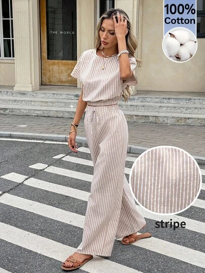 Serisse Batwing Sleeve Crop Top & Drawstring Waist Pants Textured Fabric Two Pieces,Women's  Cotton Striped Two Piece Set – Summer Short Sleeve Top & Wide Leg Pants Loungewear,Summer,Spring,Festival,Party ,Beach,Wedding ,Graduation,Elegant ,Casual,Vacation,Formal,Business,