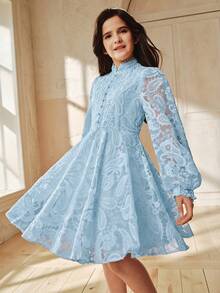Anewsta Girls' Elegant 3D Lace A-Line Dress, Suitable For Children's Banquet, Birthday Party And Other Occasions, Spring/Summer - Blue - View 2