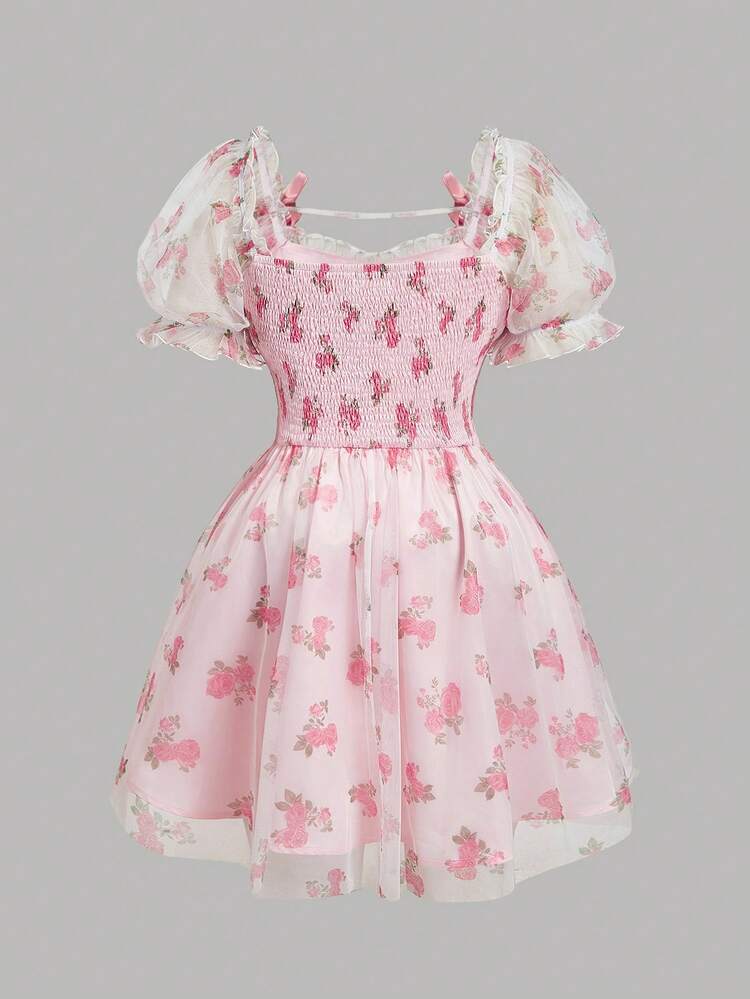 SHEIN MOD Vestido de Festa com Impressão em Tela com Flores Rosas de Manga Curta e Laço, Aparência Romântica, Ideal para o Verão, Plus Size - Multicolorido - Visão 3