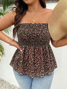 SHEIN Frenchy Plus Size Women Ditsy Floral Frill Trim Bandeau Top - Black - View 4