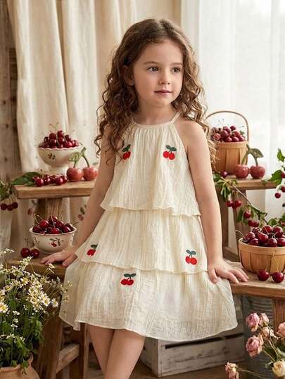 SHEIN Vintaside Kids Đầm công chúa dáng chữ A không tay, cổ bèo nhún bằng vải lưới kiểu Mori ngọt ngào cho bé gái.