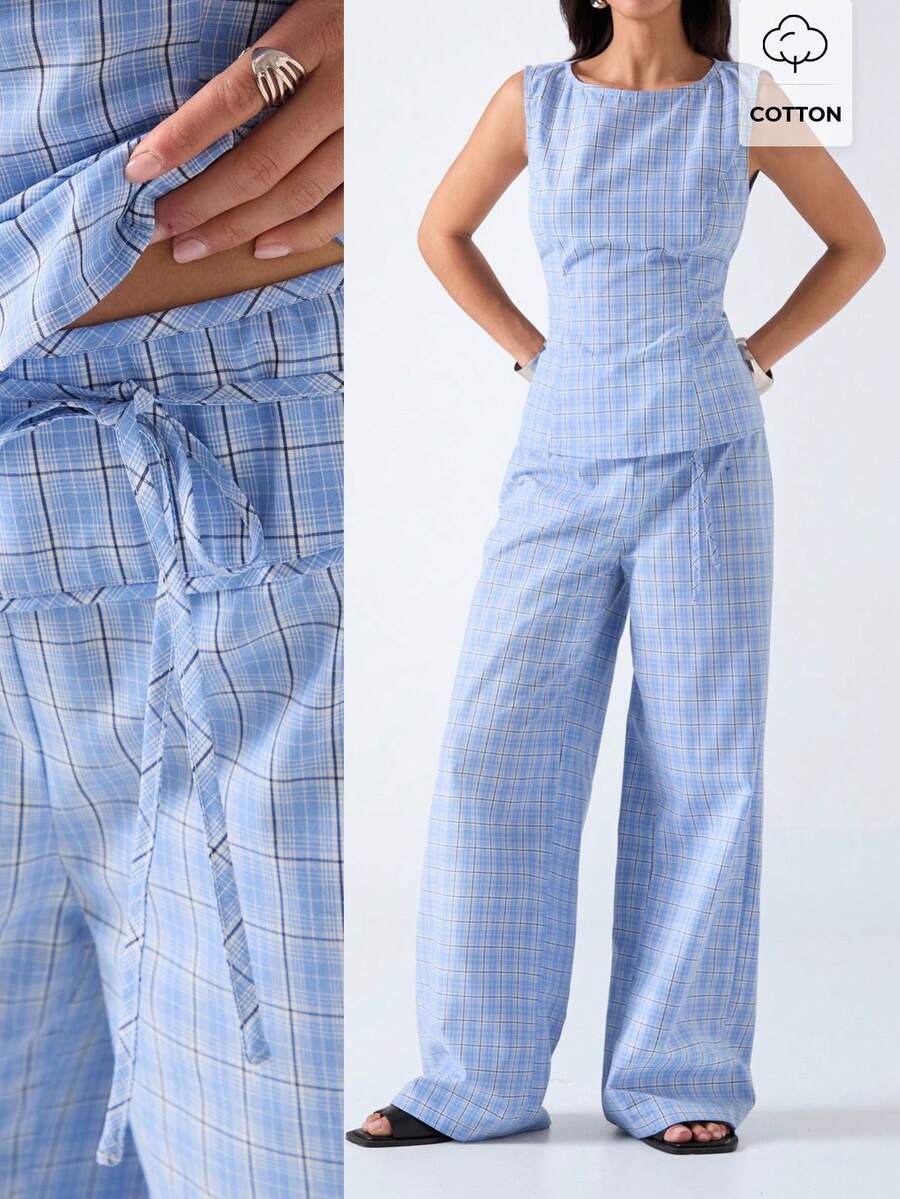LYSMO 2026 New Arrive Minimalism Spring/Summer Women's Plaid Round Neck Sleeveless Top And Pants Casual 2 Pieces Set - Navy Blue - View 1