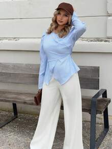 Jeta Ari 女式蓝白条纹收腰衬衫，秋冬 - 藍白色 - 查看 1