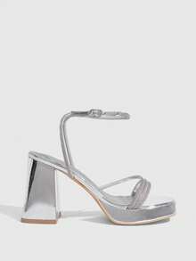 CUCCOO SZL Women's Square Toe Rhinestone Ankle Strap Sandals For Christmas Prom Heels Summer Shoes - Silver - View 2