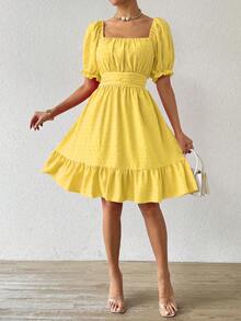 Breezaya 瑞士圆点系带露背荷叶边下摆女工连衣裙度假沙滩装女装 - 淡黃色 - 查看 6