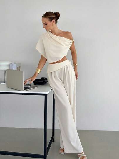 Siren Gaze Women's Asymmetrical Metal Buckle Pleated Blouse And Formal Straight Leg Pants Set, Elegant Lady Two Pieces Suit, Teacher Outfit, Versatile For Commuting, Office, Business Casual