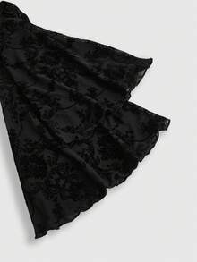 ROMWE Goth 大码女式哥特式百搭开衩喇叭袖复古植绒开衫外套，适合冬季 - 黑色 - 查看 4