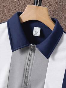 Set de 2 piezas de camisa tipo polo y pantalones cortos de color block de contraste casual para niño preadolescente, adecuado para la escuela, el transporte, el uso diario casual, los deportes, la primavera/verano - Azul Marino - Ver 8
