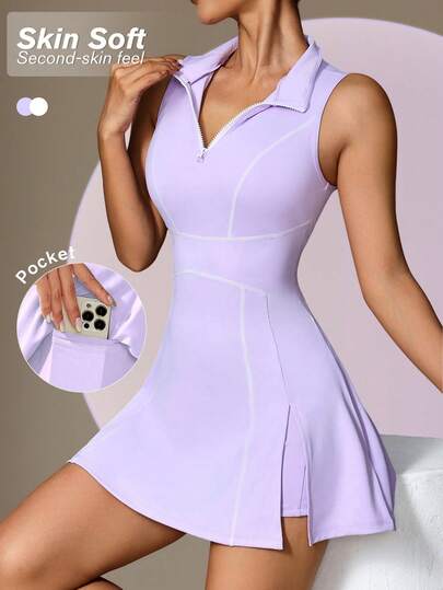 Slayform 2pcs Women's Sports Dress, Yoga High Collar Zip-Up Polo Shirt With Split & Legging Pants, Pockets For Outdoor Workout, Casual And Office Wearathletic Dress