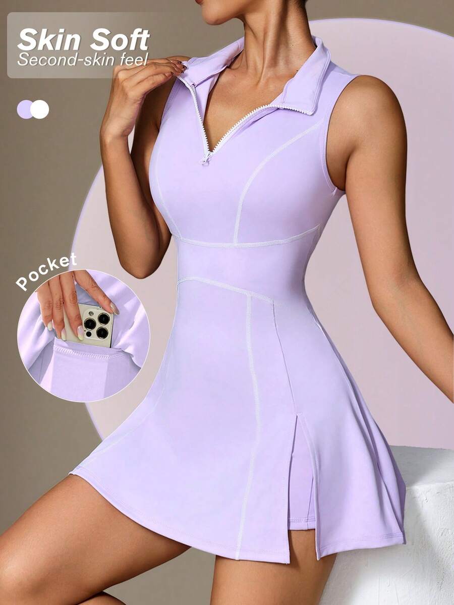 CourtClass CourtClass 2 件女式运动连衣裙，瑜伽高领拉链 Polo 衫，带开衩和紧身裤，口袋适合户外锻炼、休闲和办公室穿着运动连衣裙