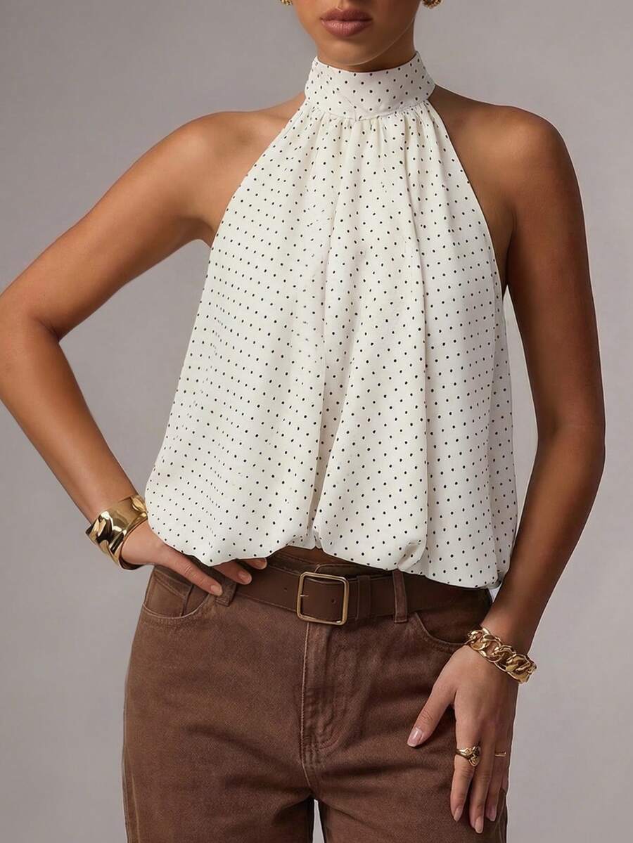 Avenya Áo sơ mi chiffon chấm bi dáng chữ A cổ đứng - Nhiều màu - Xem 1