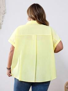 SHEIN CURVE+ 大码女式夏季衬衫，翻领宽松休闲短袖衬衫 - 黃色 - 查看 3