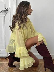 Aloruh Women's Elegant Bohemian Ruffle Trim Long Sleeve Blouse - Light Yellow - View 3