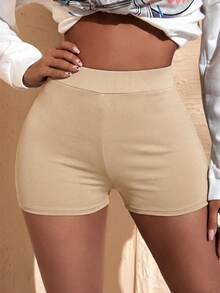 SHEIN SXY Quần short bó sát màu đen cạp rộng dành cho người đi xe máy, thích hợp cho mùa xuân và mùa hè. - Màu be - Xem 6