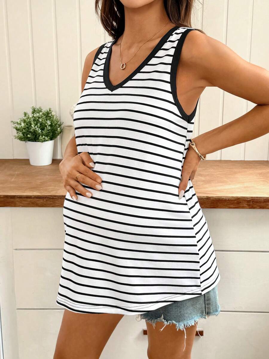 SHEIN 夏季孕妇条纹印花V领休闲背心 - 白色 - 查看 1