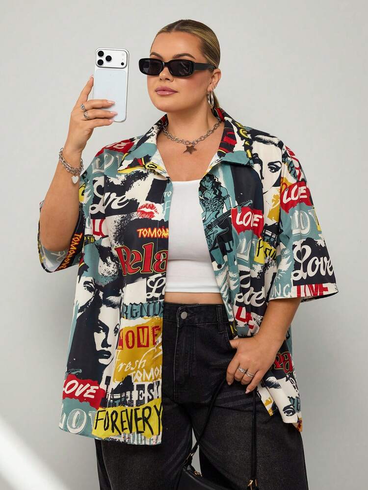 SHEIN CURVE+ 大码女装春夏复古学院风短款格子宽松短上衣休闲街头印花衬衫 - 彩色 - 查看 8