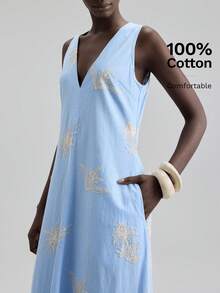 Ontre Đầm dài nữ Xuân/Hè 2026SS, không tay, cổ chữ V, họa tiết hoa jacquard, thiết kế đầm dài thời trang, đầm đi biển nữ, dáng chữ A rộng rãi, thắt eo, phong cách nghỉ dưỡng, áo tắm liền thân, màu xanh lá cây, thêu hoa, họa tiết trừu tượng, dự tiệc, nghỉ dưỡng, đầm đi biển, đầm hai dây, thiết kế bohemian cao cấp, trang phục Xuân/Hè, đồ đi biển, đồ nghỉ dưỡng, đầm dài nữ thời trang và đa năng. - Rửa nhẹ - Xem 6