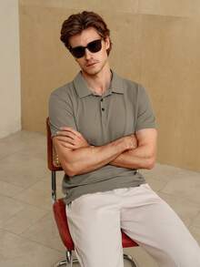 Manfinity Homme 男士夏季纯色短袖休闲商务 Polo 衫，适合打高尔夫 - 卡其色 - 查看 6