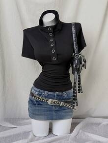 Sunspun Plus Size Casual Solid Color Polo Neck Fitted T-Shirt, Summer - Black - View 7
