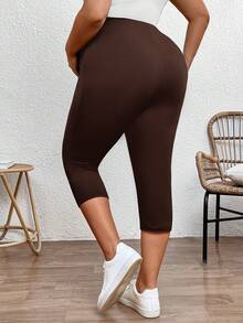 Plussiva 大码孕妇休闲纯色高腰打底裤 - 咖啡棕 - 查看 2