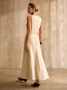 MOTF PREMIUM 女士亚麻混纺吊带长连衣裙 - 杏色 - 查看 3