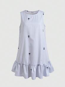SHEIN Teen Girls' Round Neck Blue & White Striped Casual Summer Dress With Ruffle Hem - Blue - View 2