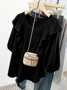 GlowEve CURVE Plus Size Women Solid Color Patchwork Ruffle Pleated Design Loose Blouse - Black - View 1