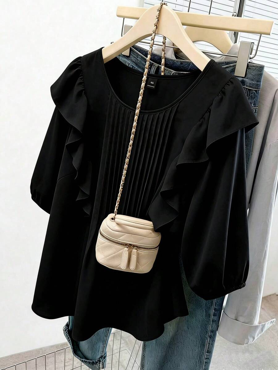 GlowEve CURVE Plus Size Women Solid Color Patchwork Ruffle Pleated Design Loose Blouse - Black - View 1