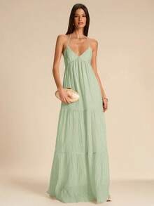 SHEIN BAE Sage Green Spaghetti Strap Backless Tie Bow Dress, Bohemian Tropical Boho Beach Vacation Holiday Long Textured Pleated Summer Dresses For Women - Mint Green - View 3