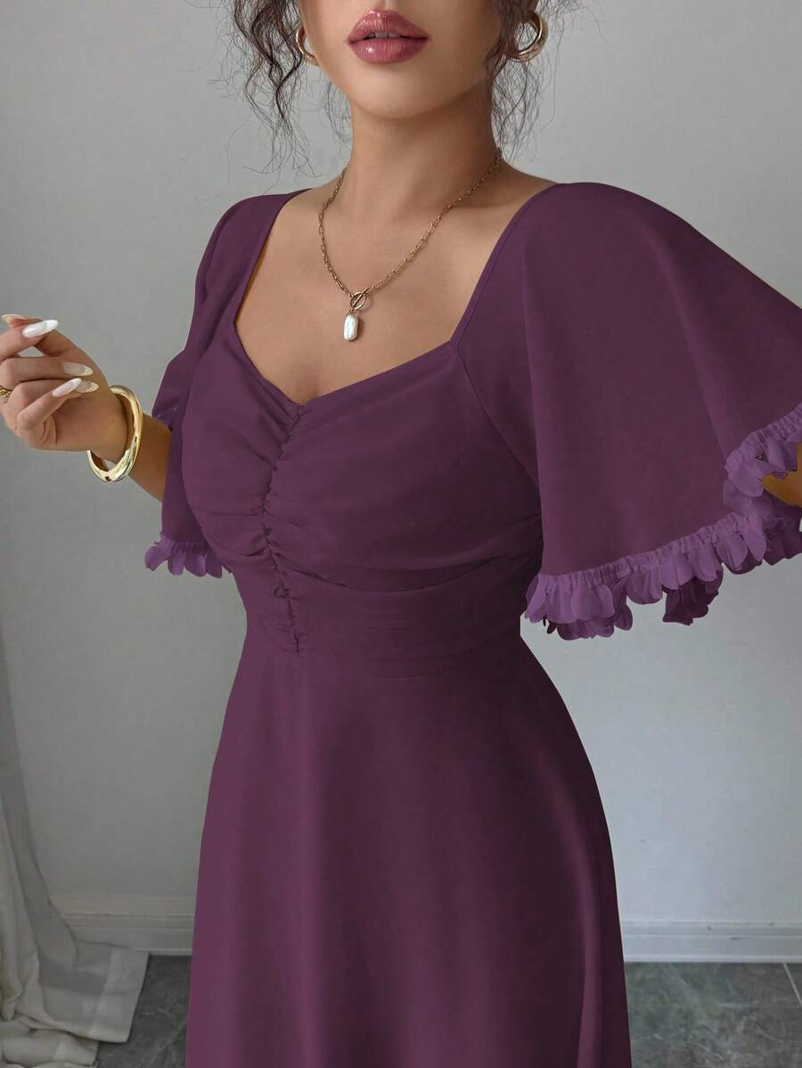 Modelyn Women's Solid Butter Yellow Chiffon Ruffle Sleeve Design Summer French Style Vacation Dress - Purple - View 1
