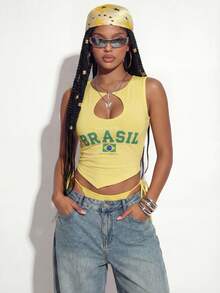 Gowayae Gowayae Áo tank top lửng vạt không đối xứng dành cho nữ, áo crop top cổ chữ U không tay gợi cảm. - Màu vàng - Xem 8