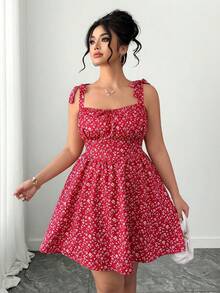 Elenzga Plus Size Women's Summer Date/Vacation French Style Elegant Ditsy Floral Twist Shoulder Cinched Waist Cami Dress - Multicolor - View 5