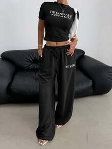 SHEIN EZwear 女士标语印花圆领短袖修身T恤和抽绳阔腿裤休闲两件套，黑色 - 黑色 - 查看 5