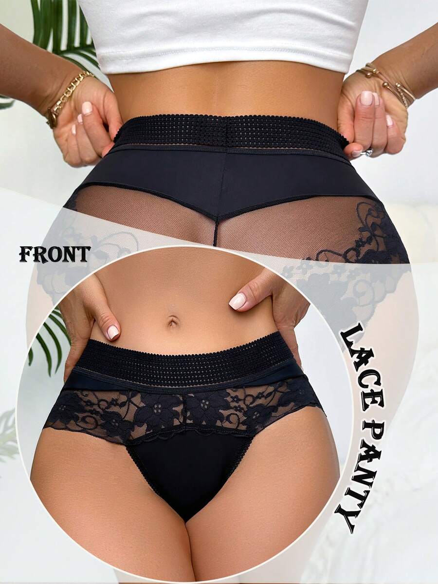 SHEIN 对比色蕾丝女士三角内裤 1 件性感内衣 - 黑色 - 查看 1