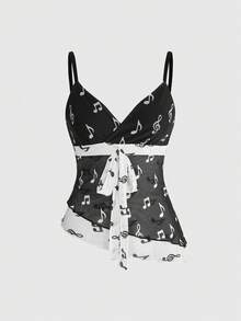 ROMWE Áo tank top nữ in họa tiết nốt nhạc, vạt áo bất đối xứng, gợi cảm phong cách Y2K. - màu đen - Xem 1