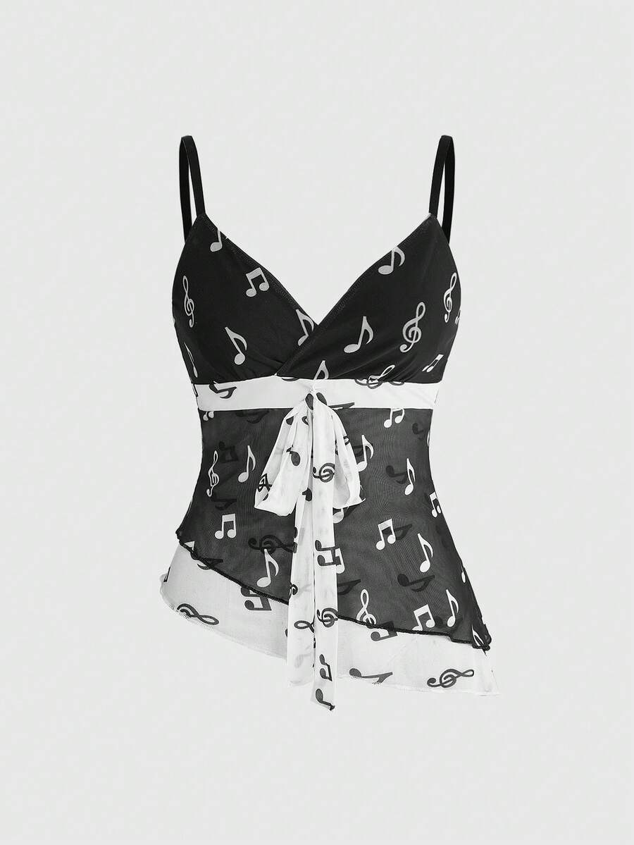 ROMWE Áo tank top nữ in họa tiết nốt nhạc, vạt áo bất đối xứng, gợi cảm phong cách Y2K. - màu đen - Xem 1