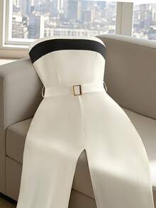 GlowEve Bộ jumpsuit nữ thanh lịch không dây đeo vai, ống rộng, phối màu tương phản. - Màu be - Xem 4