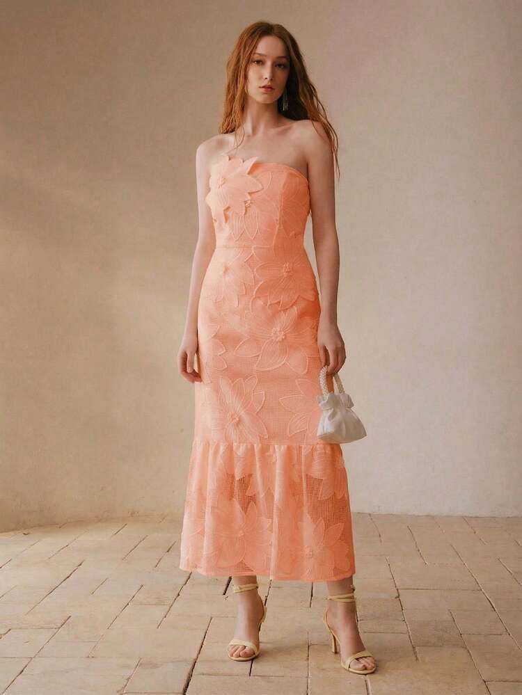 EMBROIDERY FLORAL PATTERN MERMAID HEM TUBE DRESS