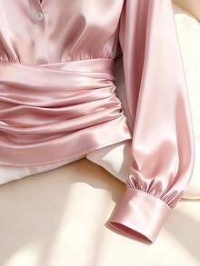 Franclia 女款時尚優雅緞面收腰襯衫 - 粉色 - 查看 4
