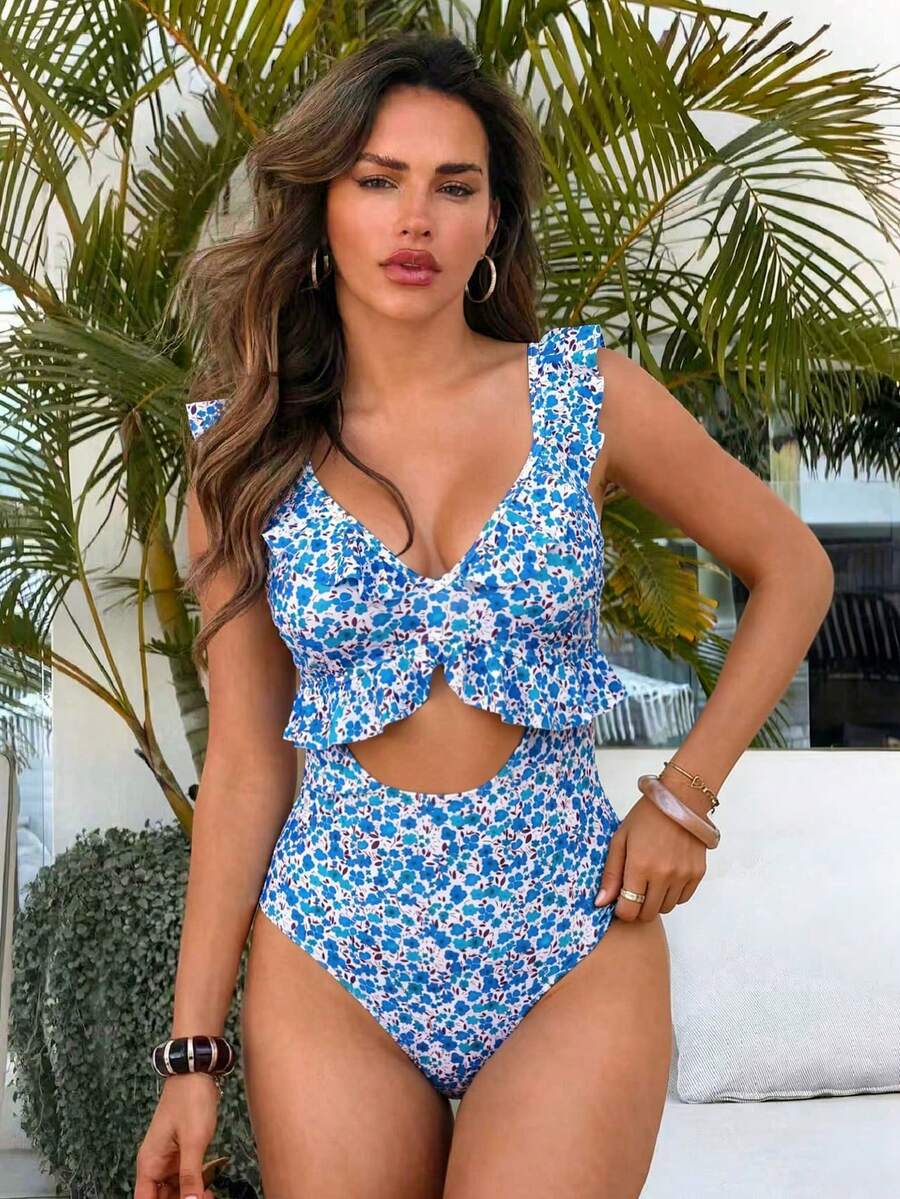 Swim Mod Bộ bikini một mảnh dễ thương cho nữ, họa tiết hoa ngẫu nhiên màu xanh dương, dây đeo mảnh có thể điều chỉnh, cổ chữ V, thích hợp cho kỳ nghỉ hè 2026.