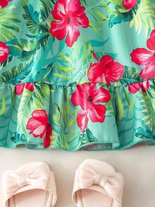 SHEIN 女童夏季热带花卉圆领荷叶袖露背蝴蝶结腰部荷叶边下摆休闲时尚连衣裙，适合休闲、度假、旅行，优雅百搭。 - 綠色 - 查看 12