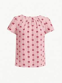 SHEIN LUNE 女士时尚蝴蝶结印花圆领衬衫，适合外出穿着 - 粉色 - 查看 3