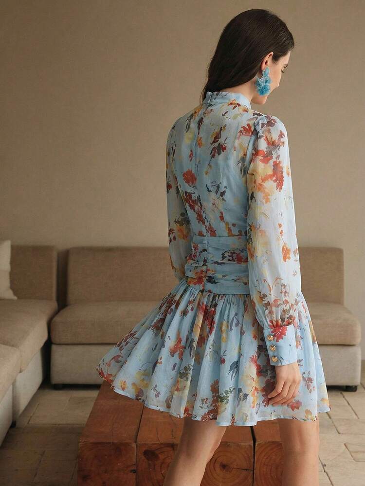 French Elegant Ruffle Print Bow Lantern Sleeve Waist Slimming Short Floral Ruffle Hem Dress, Floral Dresses For Women, Summer Holiday Outfits, Elegant Dresses For Women, Casual Outfits For Women, Party Dresses For Women